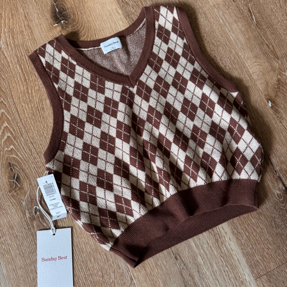 Sunday Best NWT Brown & White Quinn Sweater Sweater Vest Size XS - Picture 2 of 6
